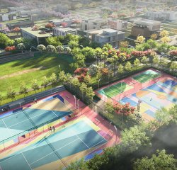 Landscaped greens around the low-rise clusters